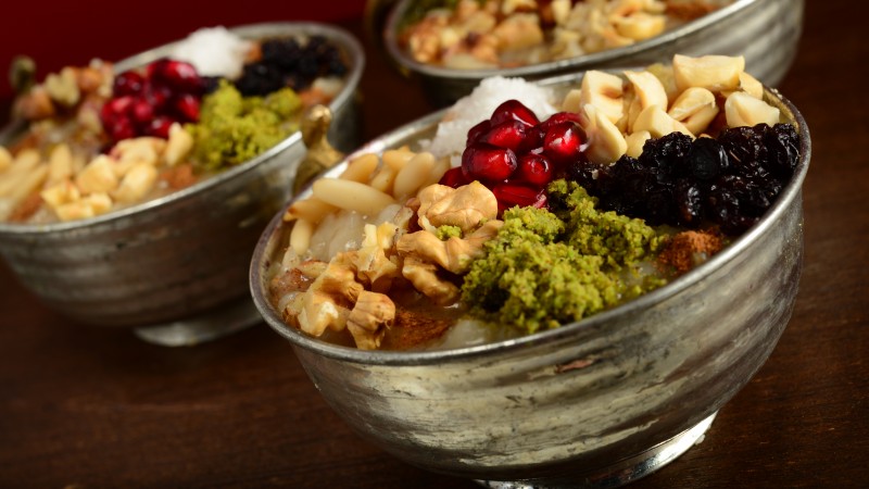 Ashure, a traditional dessert with nuts and dried fruit.